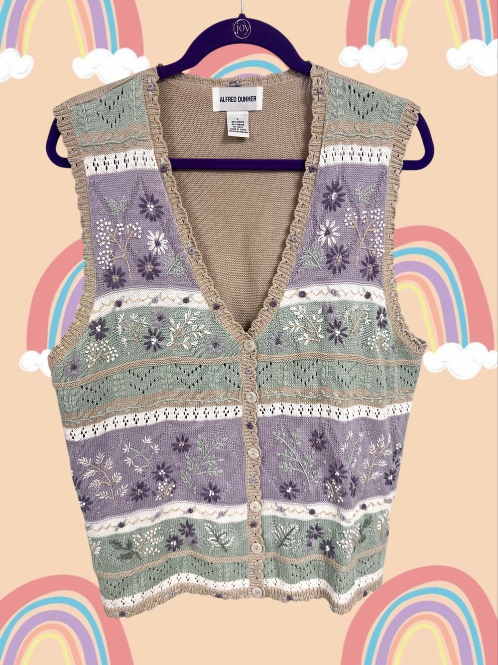 Vtg Alfred Dunner pastel purple and green floral knit sweater vest